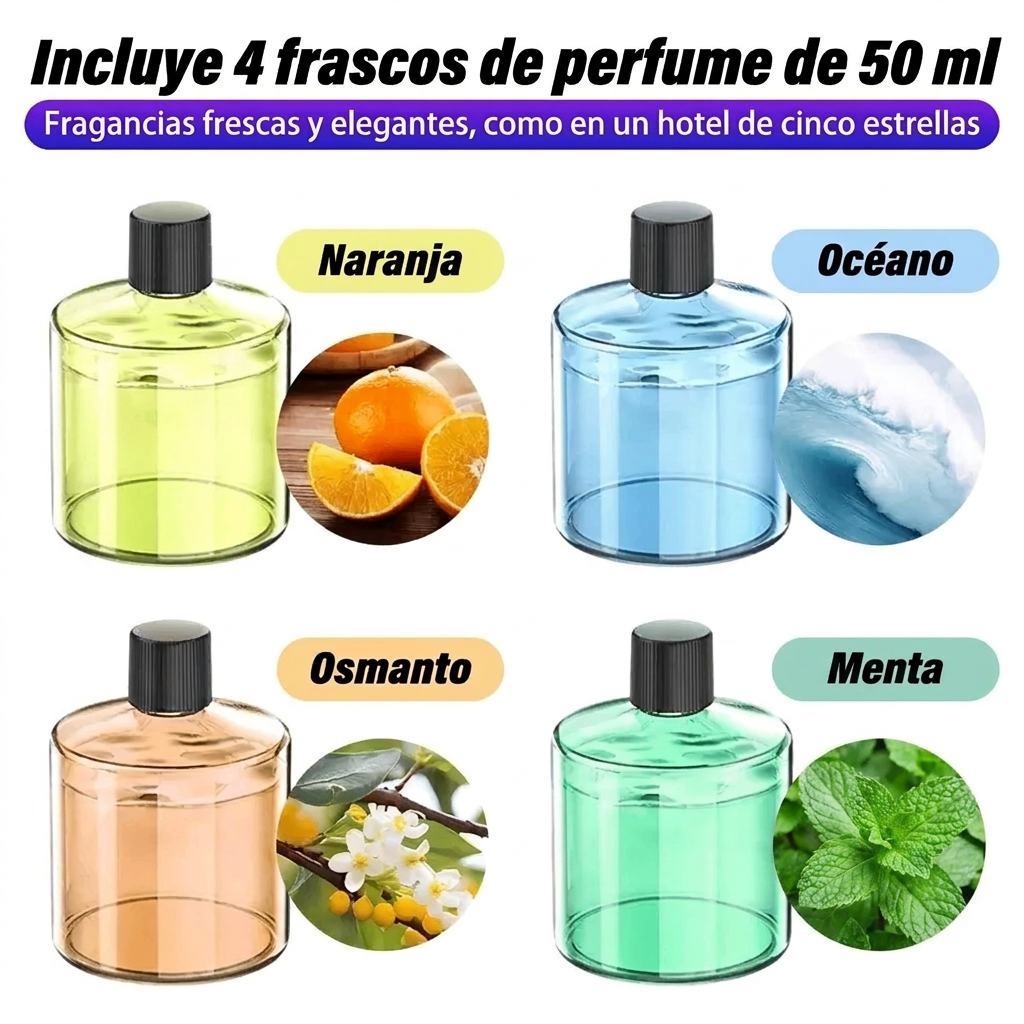 Incluye 4 frascos de perfume de 50 ml: Naranja, Océano, Osmanto y Menta